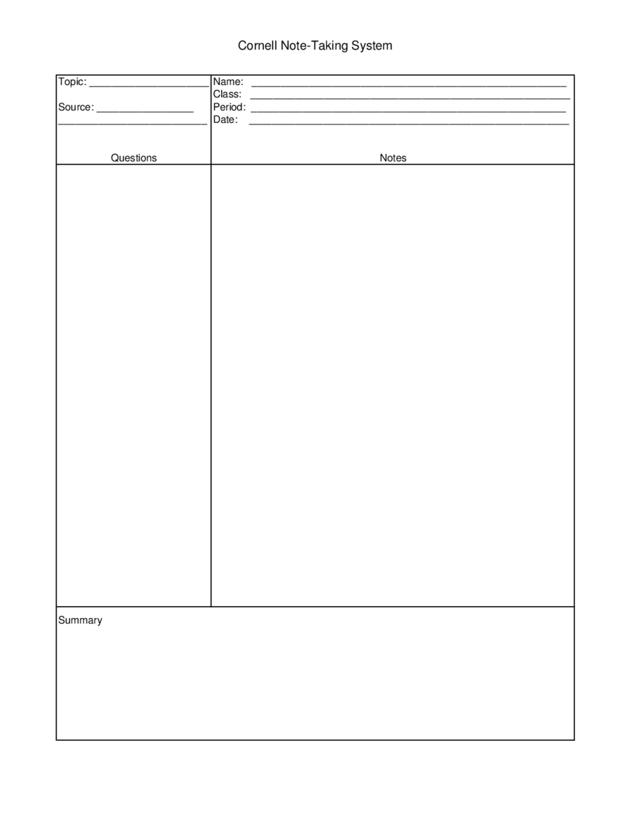 Cornell Note Sheet Template Word