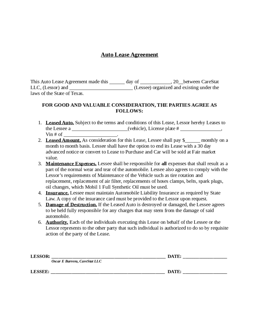 Free Printable Auto Lease Agreement