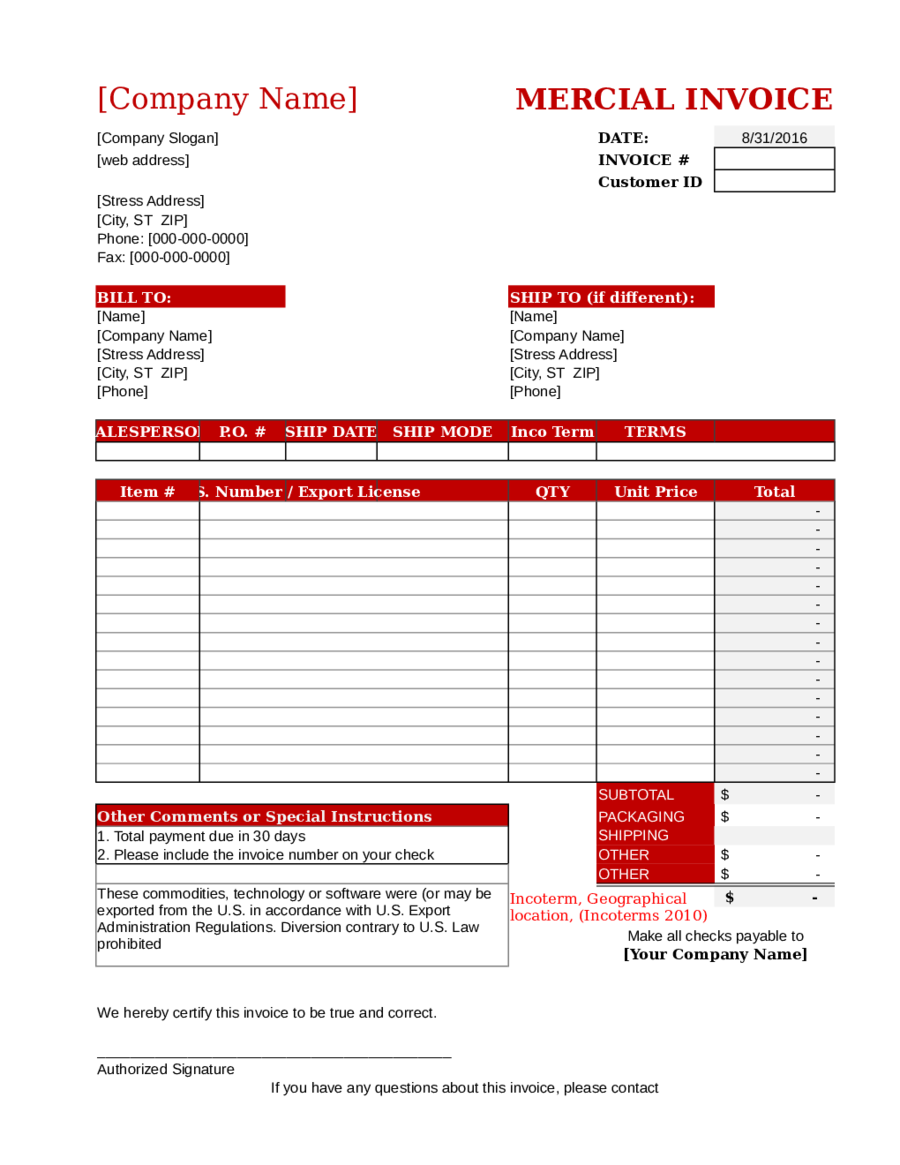 Proforma Invoice Template Blank