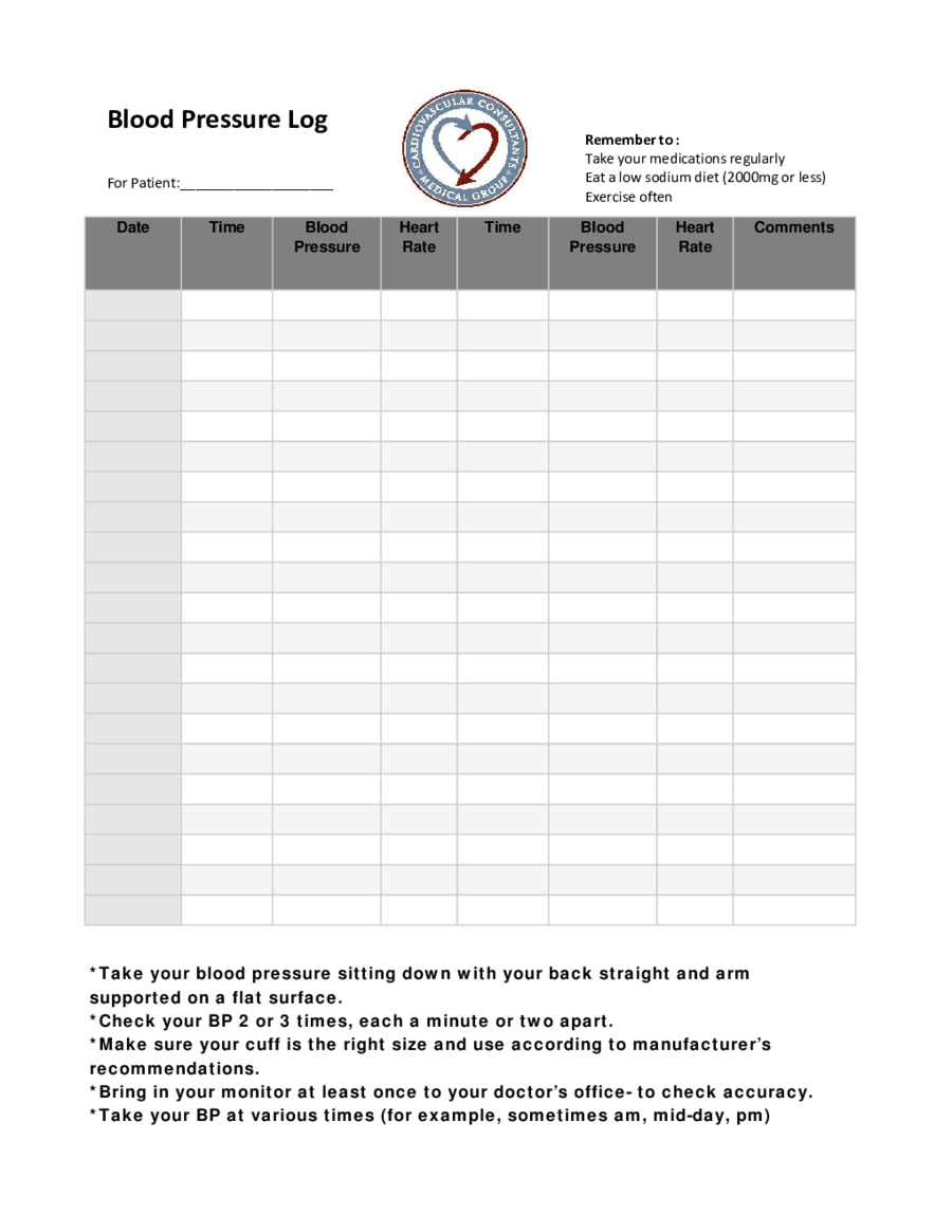 2020 Blood Pressure Log Chart Fillable Printable Pdf