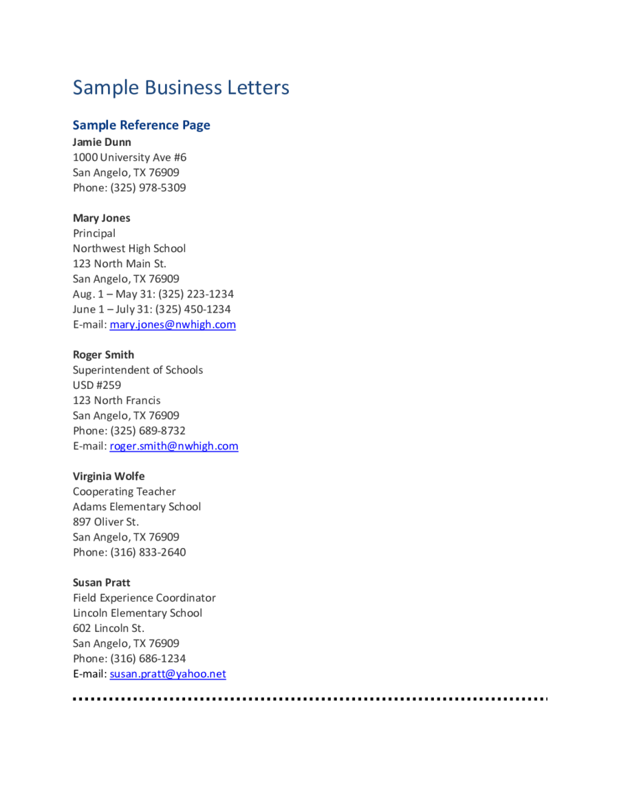 Sample Business Letters-Reference Page
