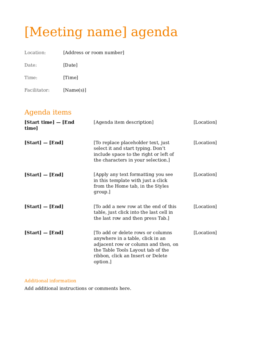 Business meeting agenda template Excel