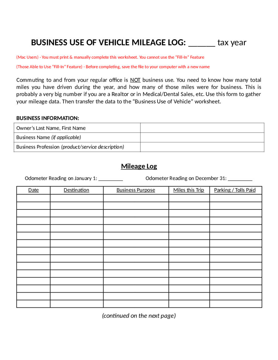 Printable Business Mileage Log Sheet