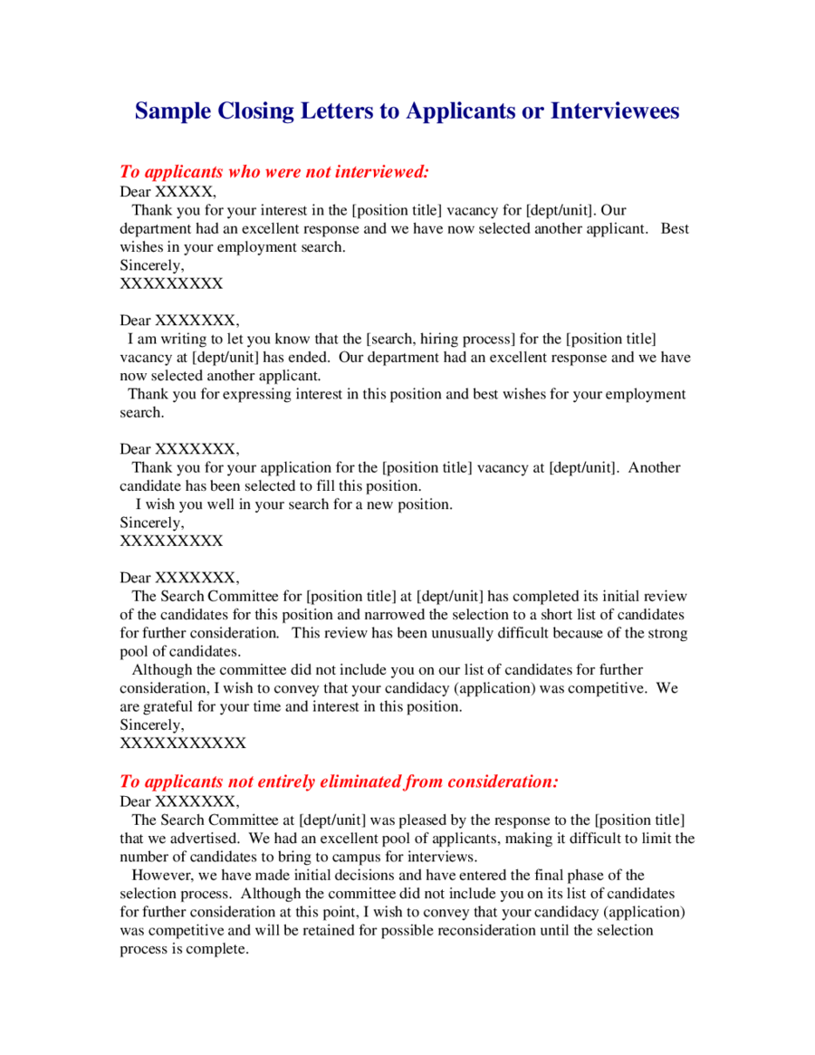 Job Rejection Letter to Interviewees