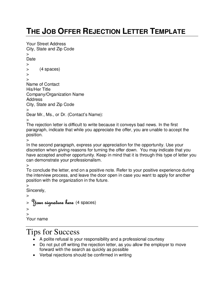 THE JOB OFFER REJECTION LETTER TEMPLATE - Edit, Fill, Sign Online Within Proposal Rejection Letter Template