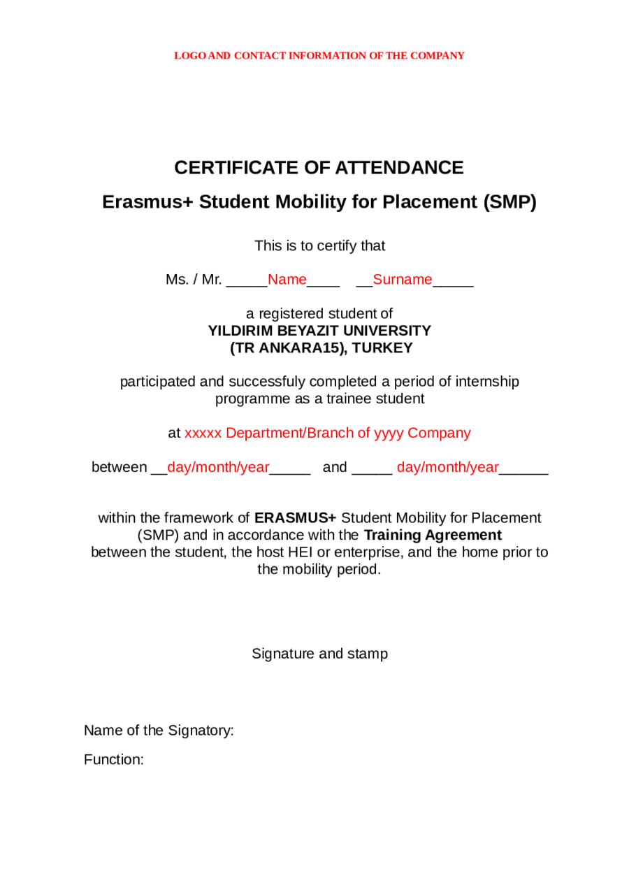 Erasmus placement certificate of attendance mugla