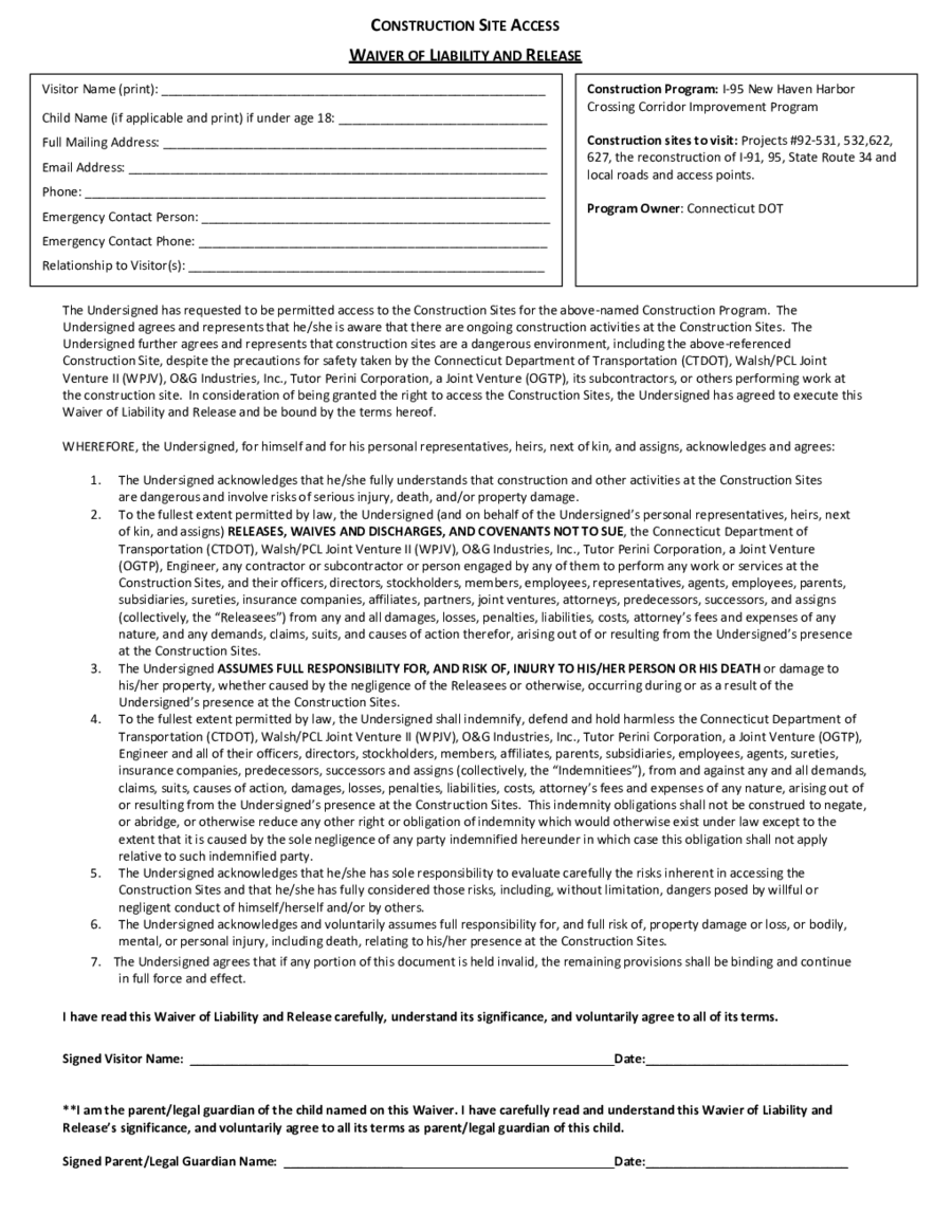 Construction Release of Liability Form