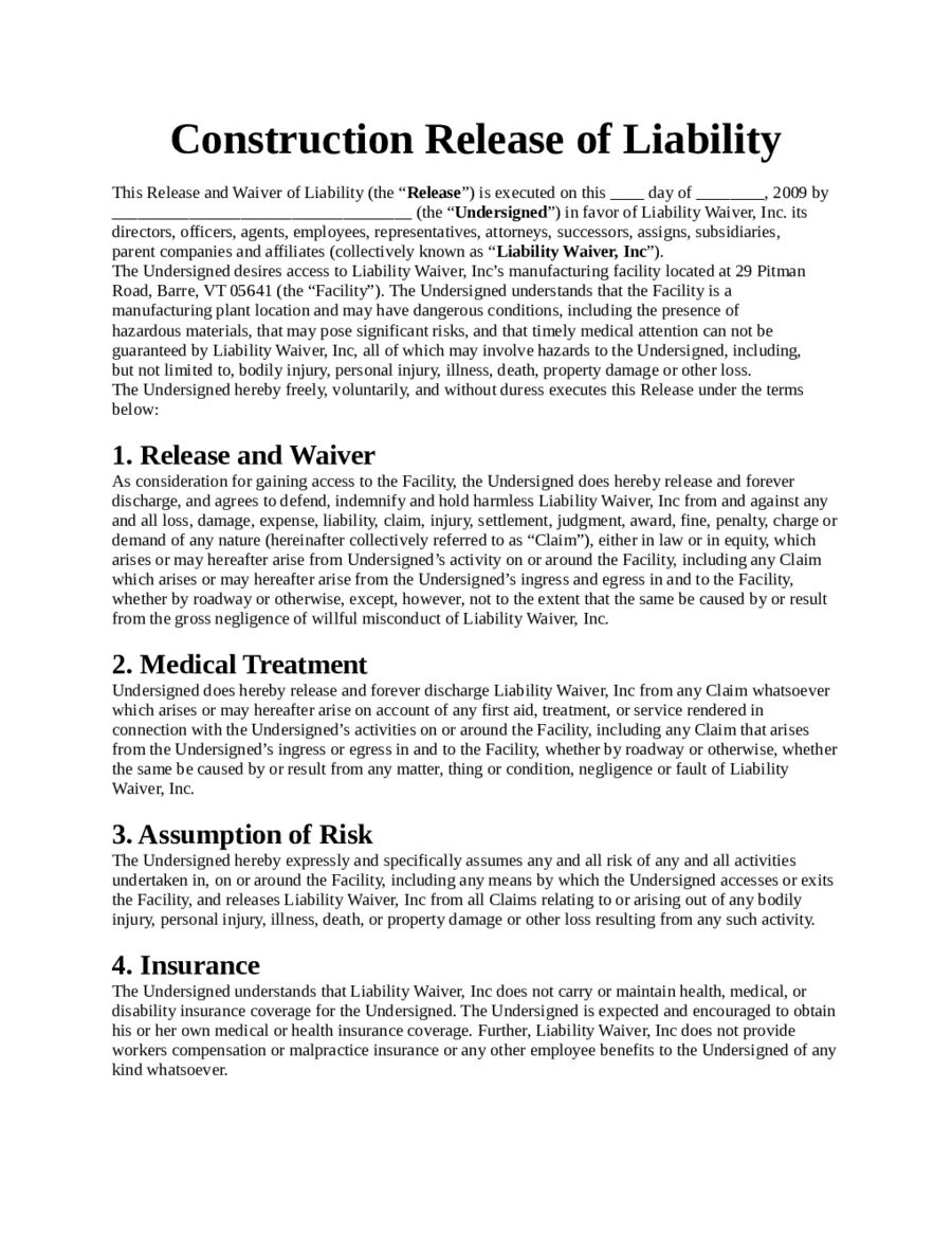 Construction Release of Liability Form Download