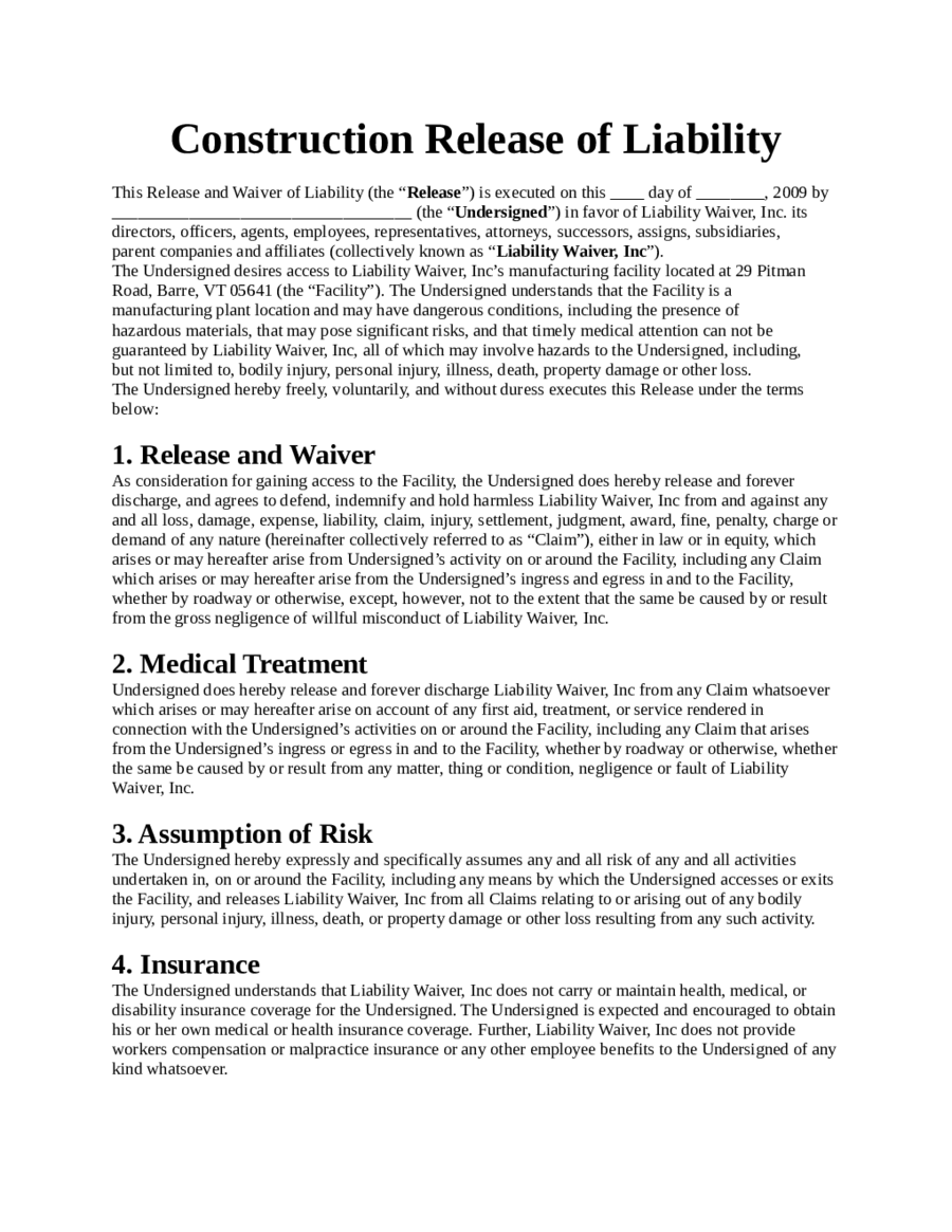 Construction Release of Liability Form Download Edit, Fill, Sign