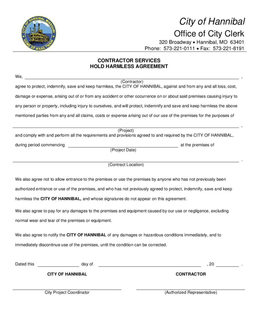 Contractor Hold Harmless Agreement Edit, Fill, Sign Online Handypdf