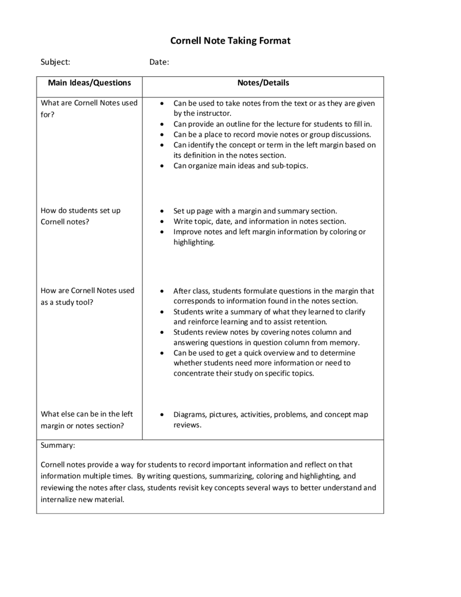 Cornell Notes Format