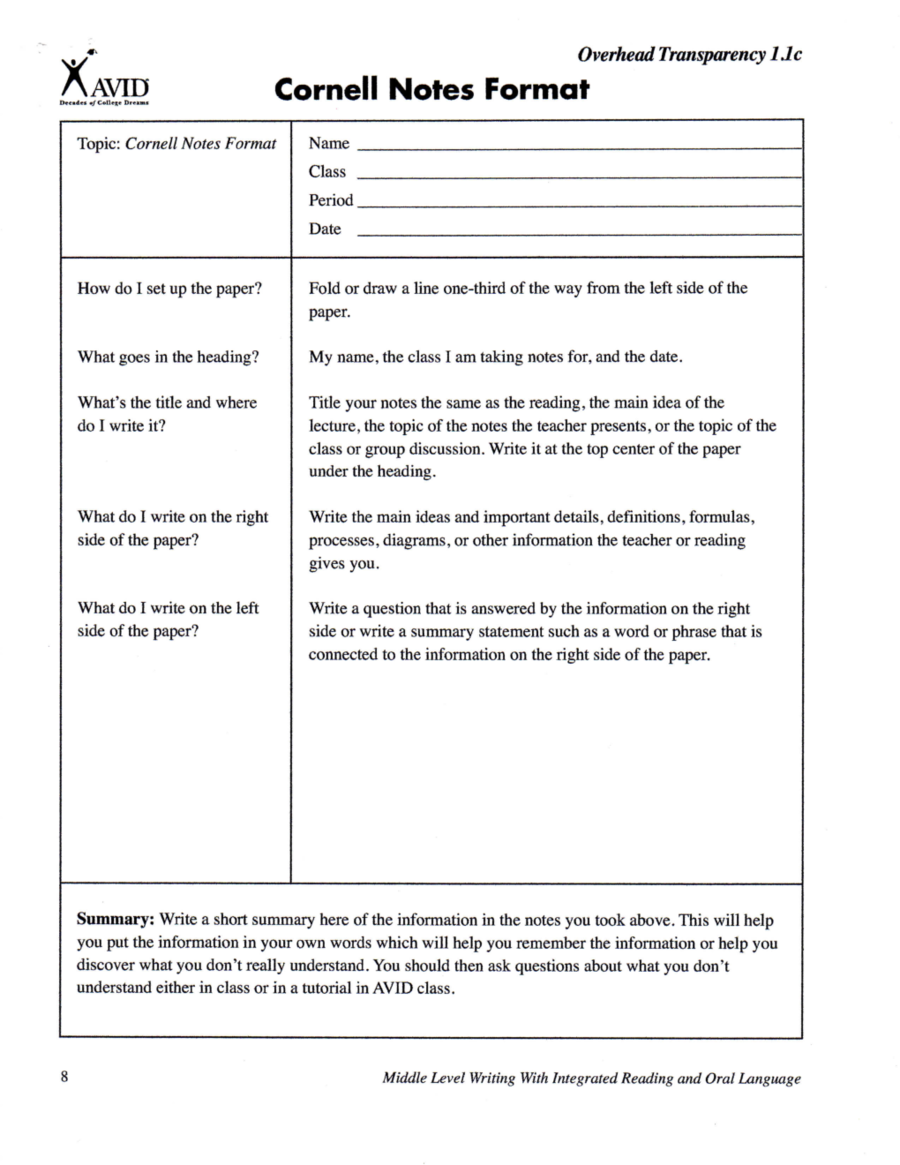 Cornell Notes Format Pdf