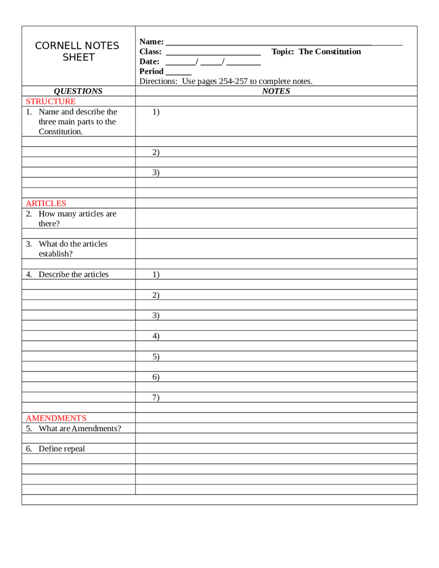 Cornell Notes Sheet Template Edit, Fill, Sign Online Handypdf