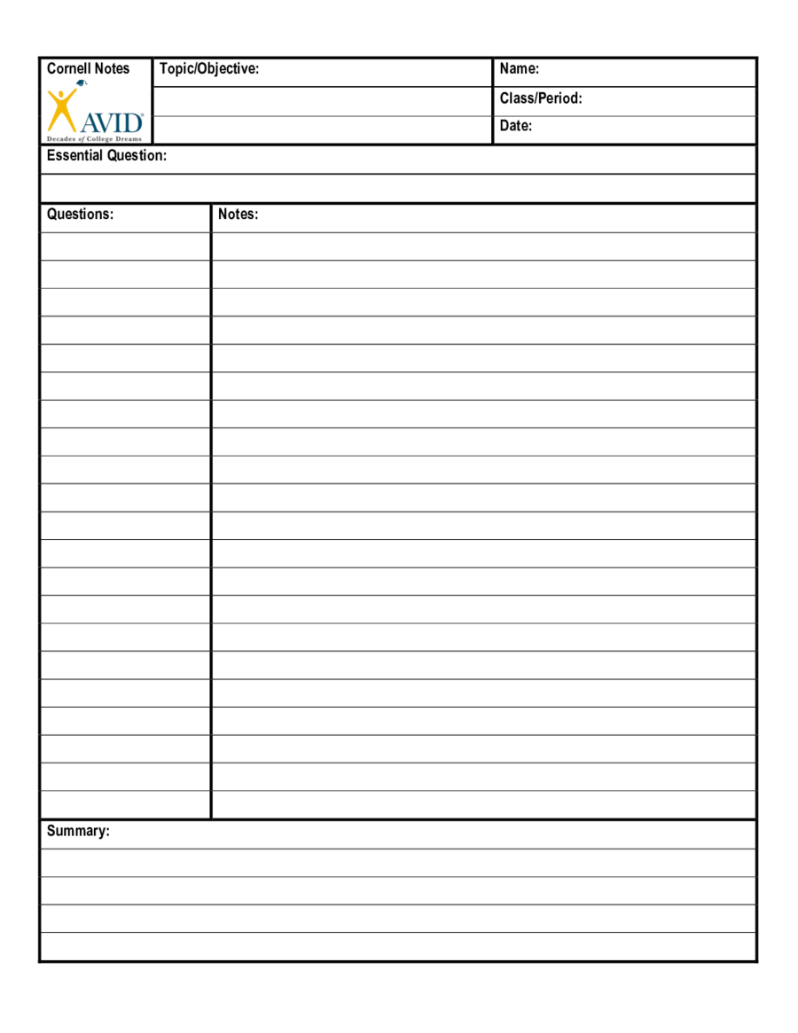Printable Avid Cornell Notes Template Printable Templates