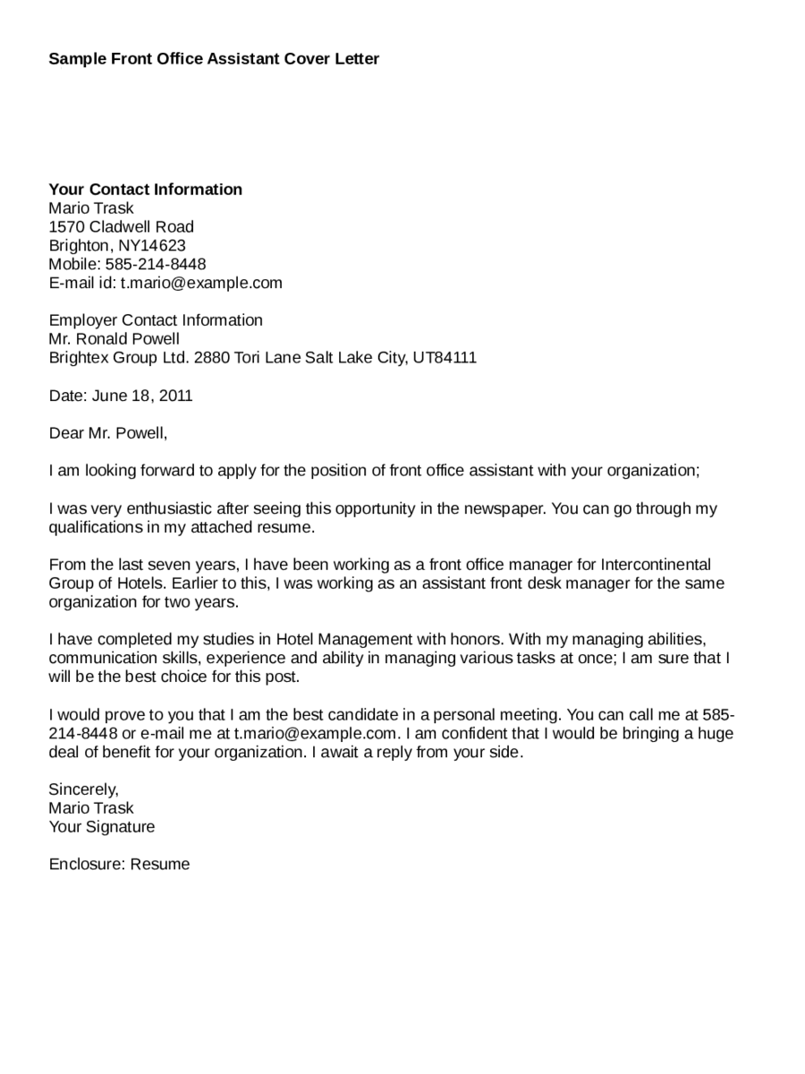 application letter for the post of an office assistant