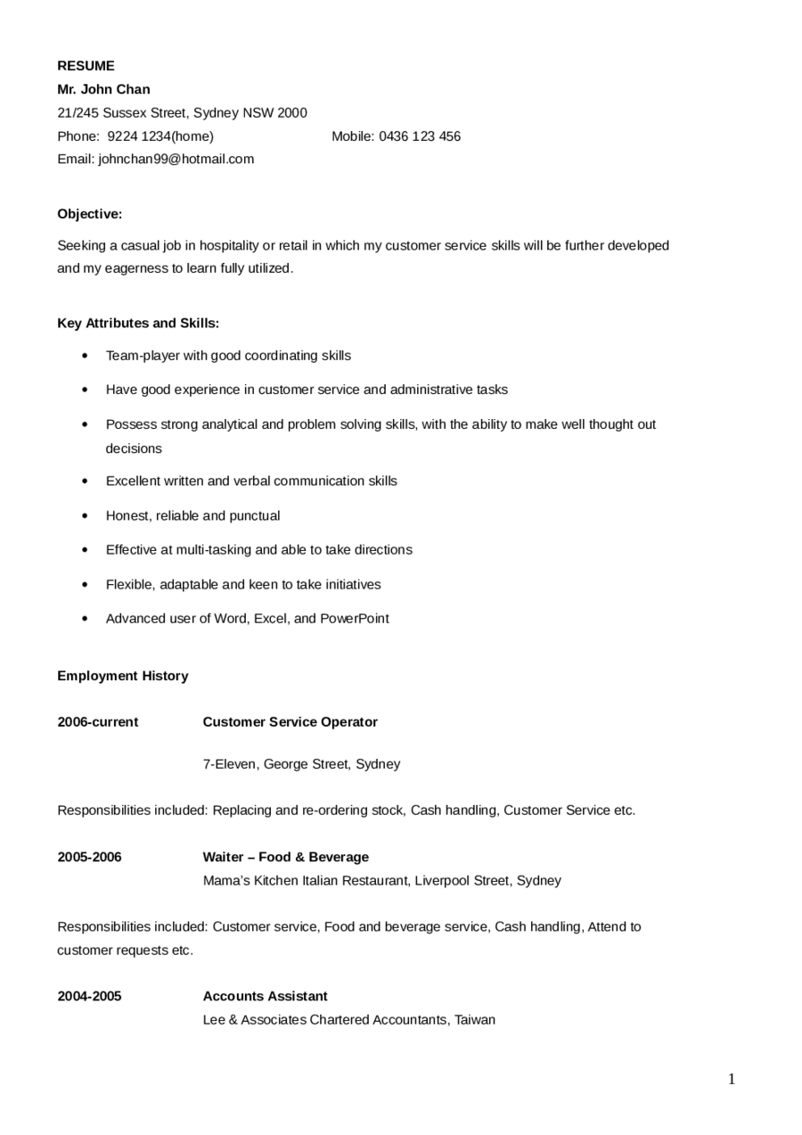 Customer Service For Resume only