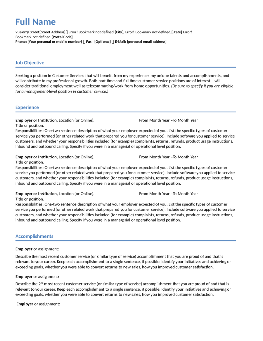 customer service resume example 0186294