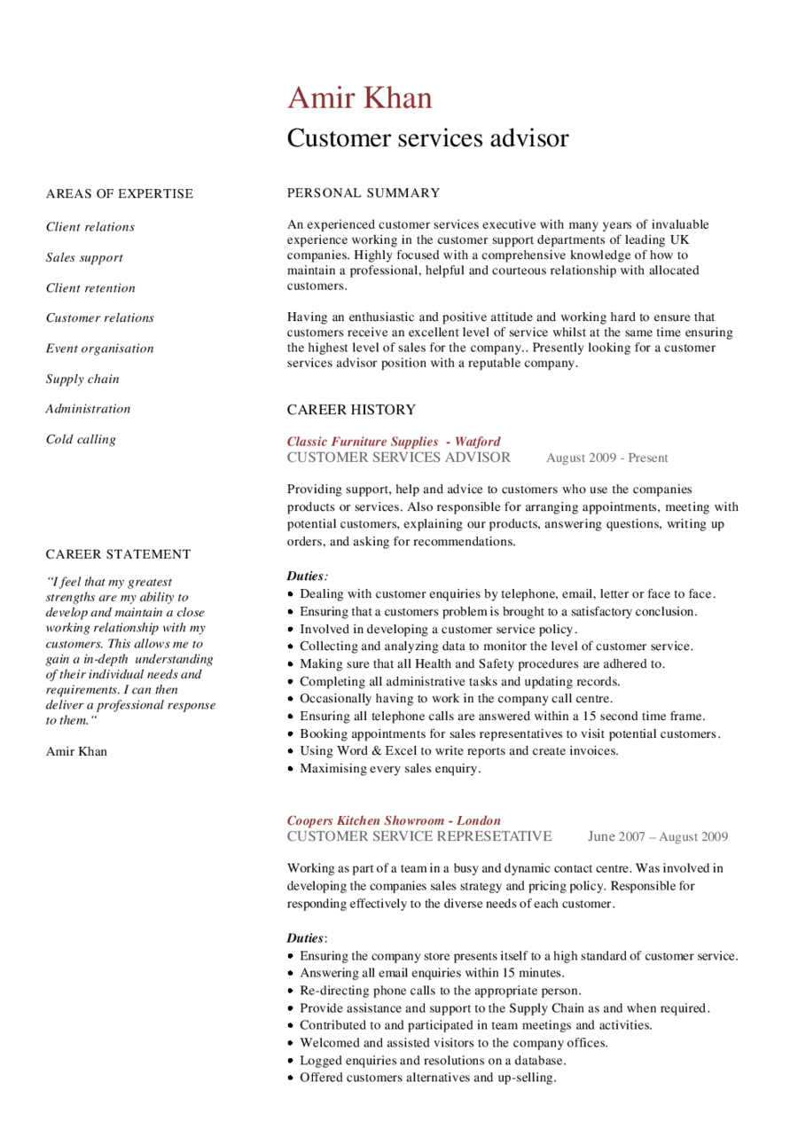 Customer services advisor CV