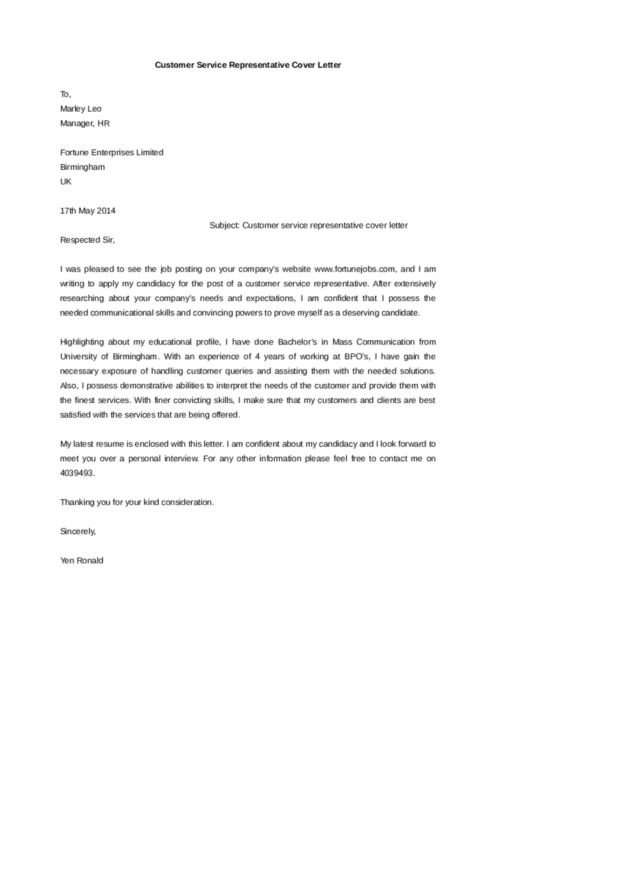 Cover Letter For Customer Service Representative