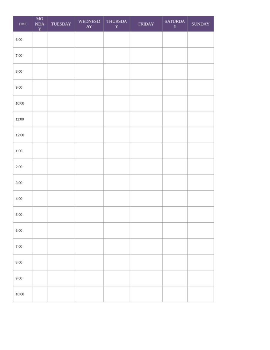 daily schedule template printable pdf