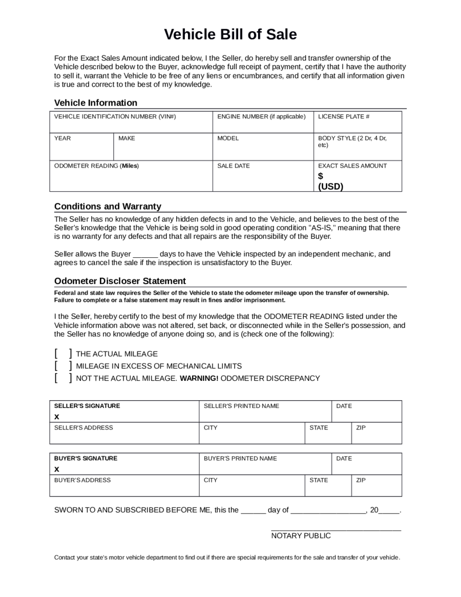 Car Bill of Sale Template