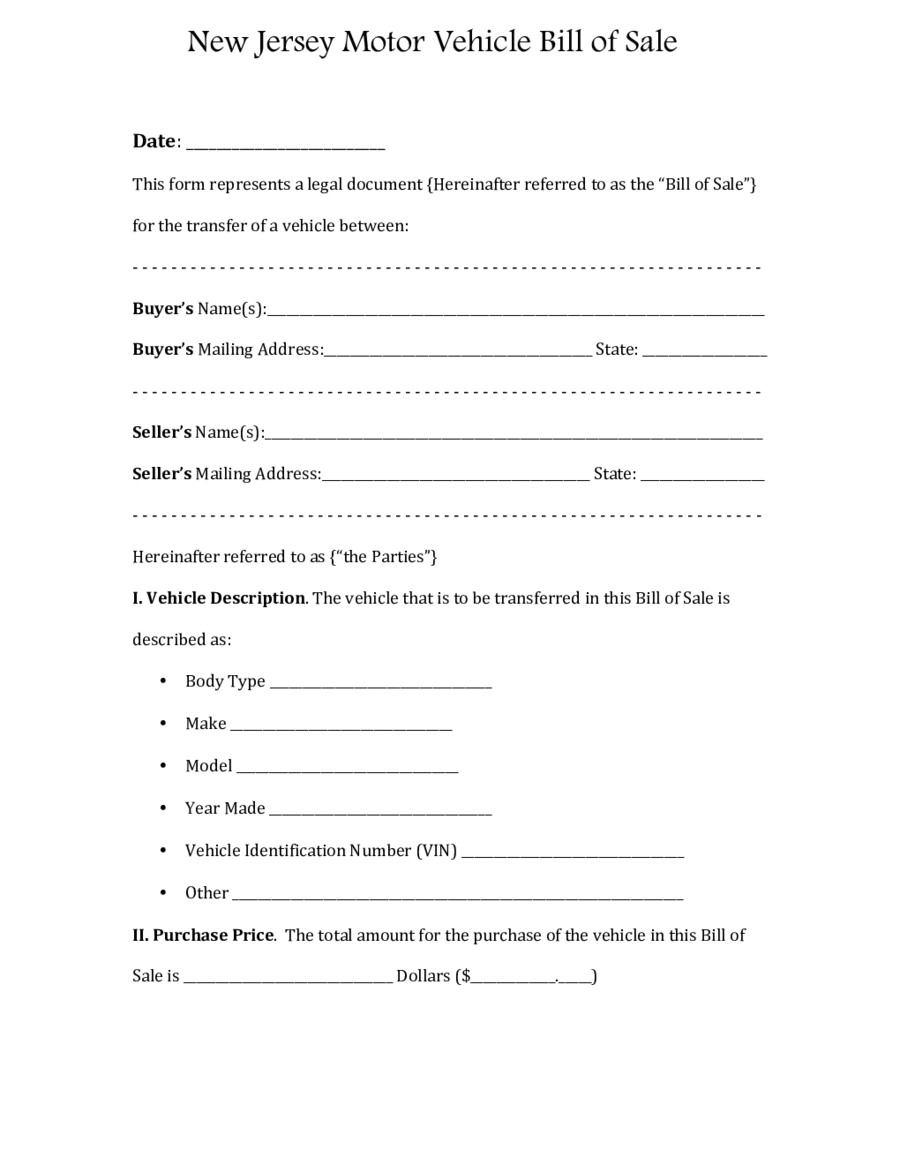 Motor Vehicle Bill Of Sale