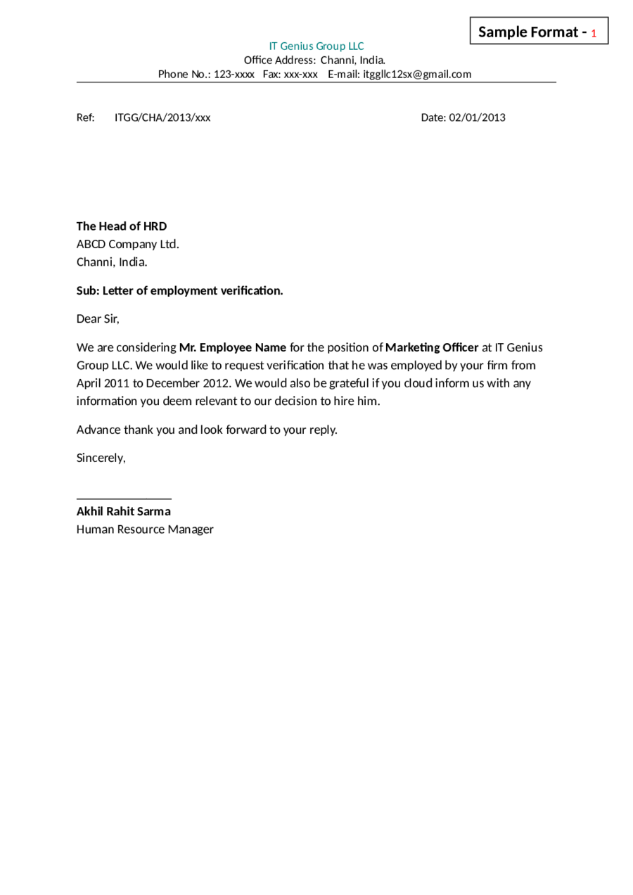 Simple Employment Verification Letter from handypdf.com