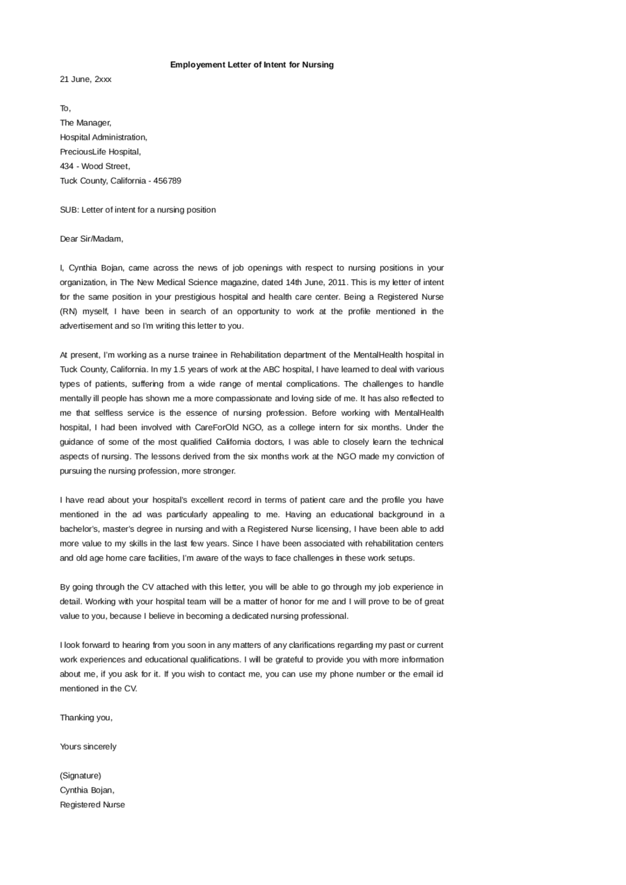 Employement Letter of Intent for Nursing