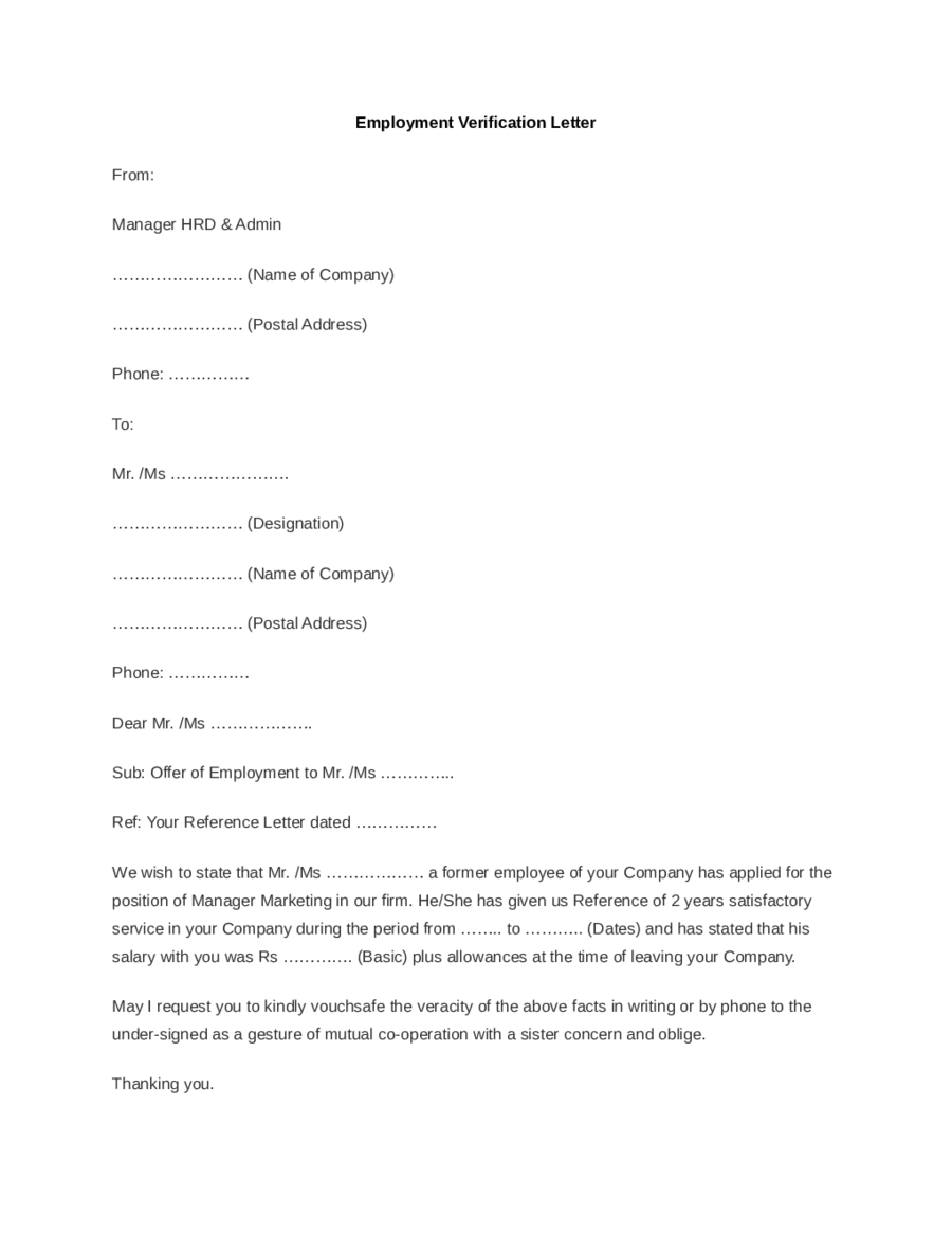 Template For Proof Of Employment Letter