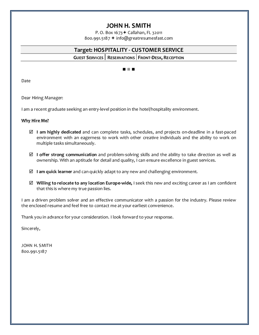 Hospitality - Customer Service - Cover Letter