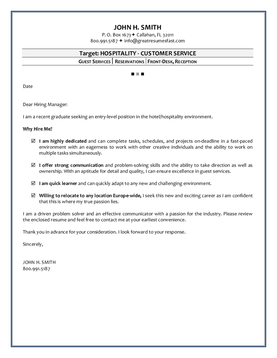 hospitality cover letter entry level