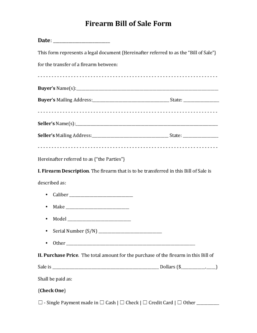 2024 Firearm Bill Of Sale Form Fillable Printable PDF Forms Handypdf