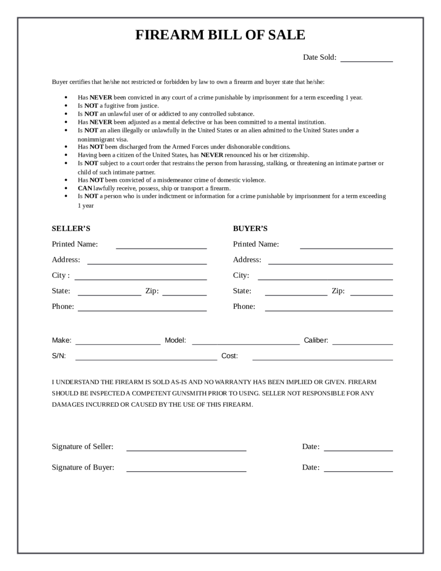 2024 Firearm Bill Of Sale Form Fillable Printable PDF Forms Handypdf