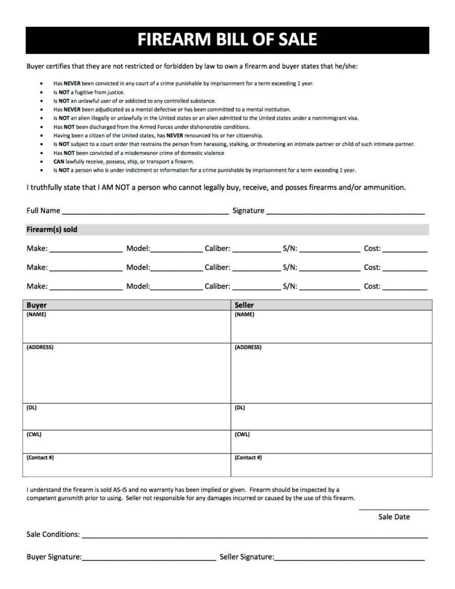 2023 Firearm Bill Of Sale Form Fillable Printable PDF Forms Handypdf