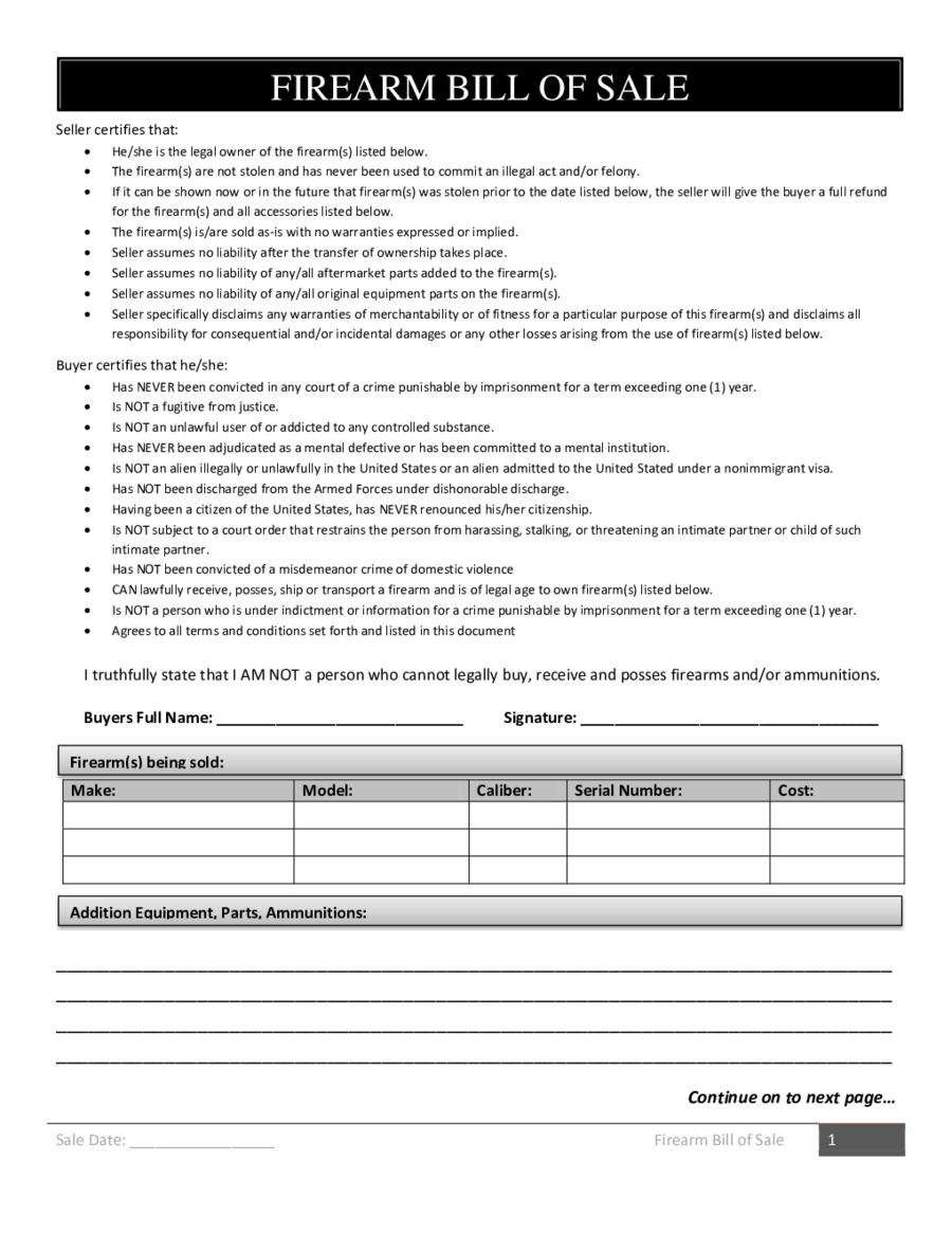 Gun Bill Of Sale Template PDF Template