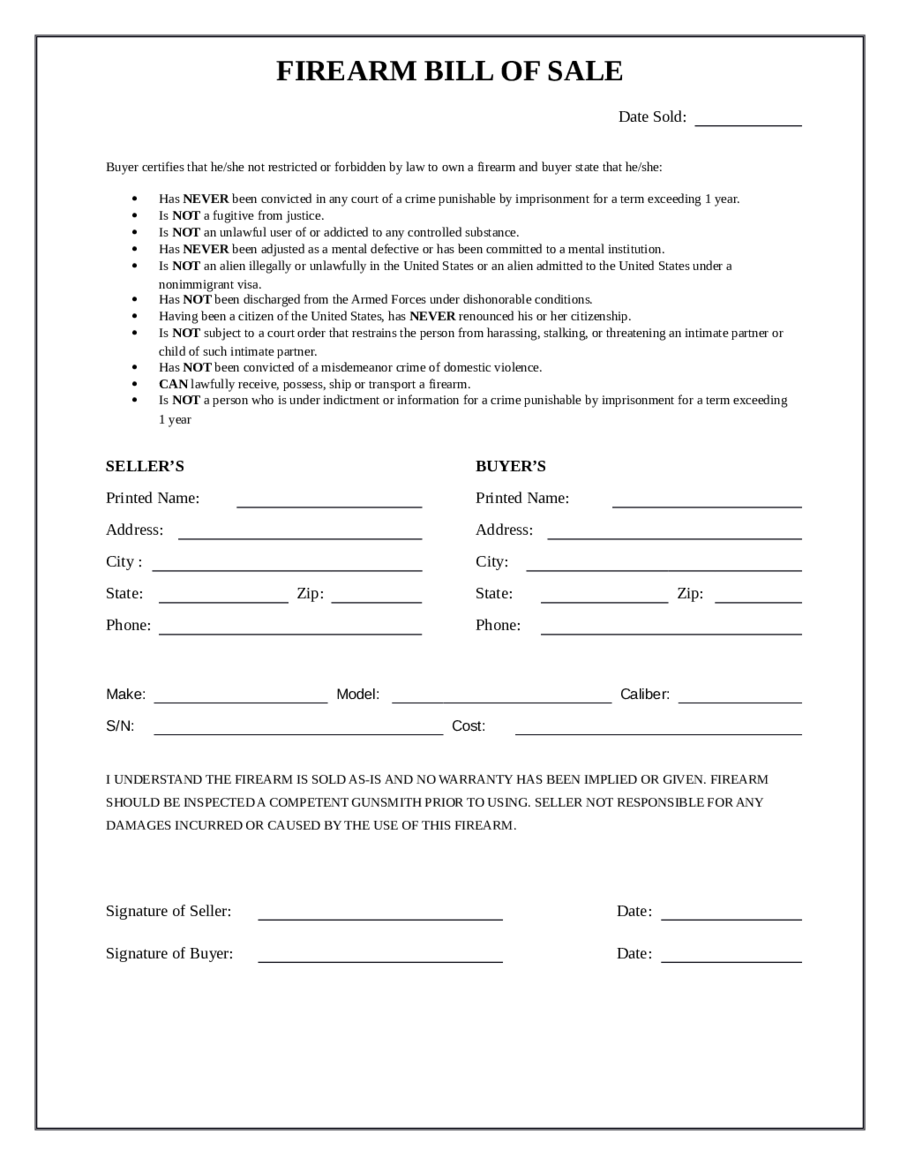 2024 Firearm Bill of Sale Form Fillable Printable PDF Forms Handypdf