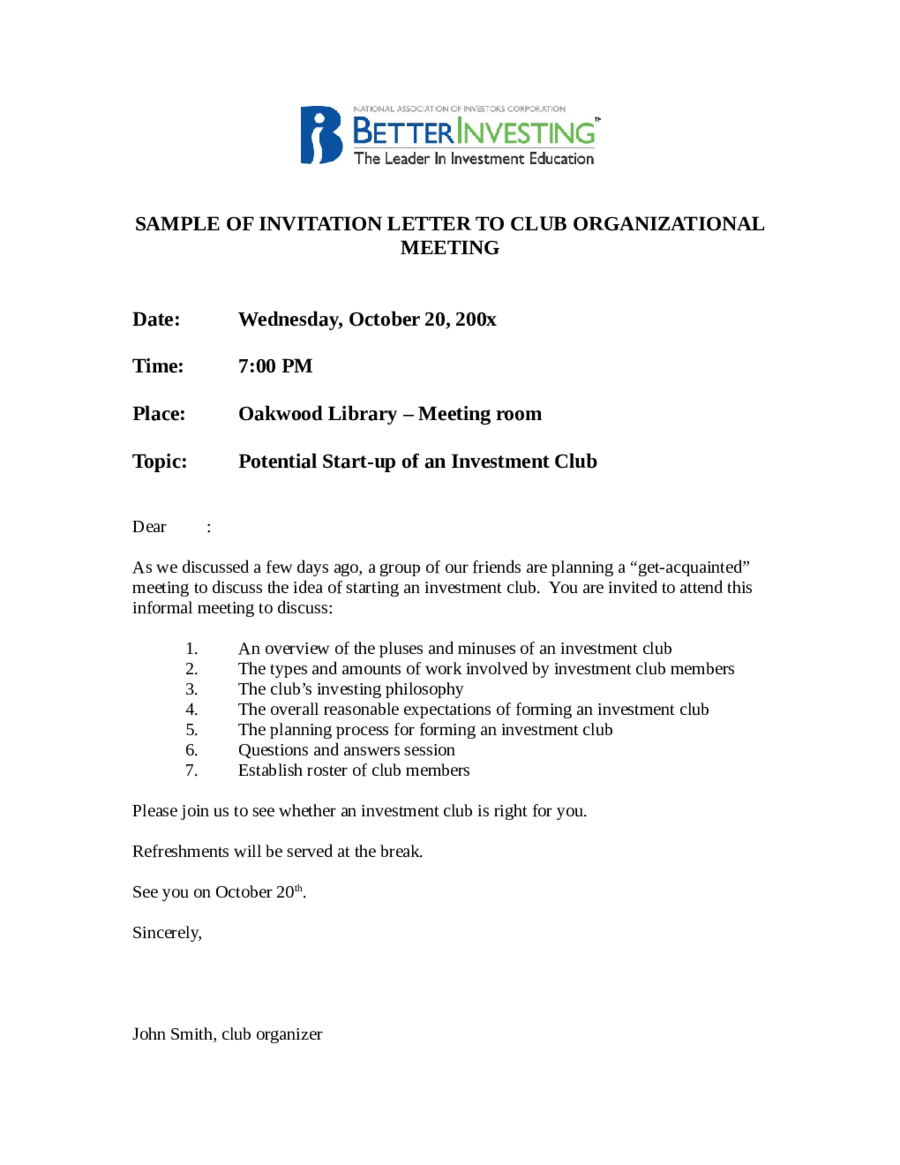 Sample of Invitation Letter to Club Organization meeting