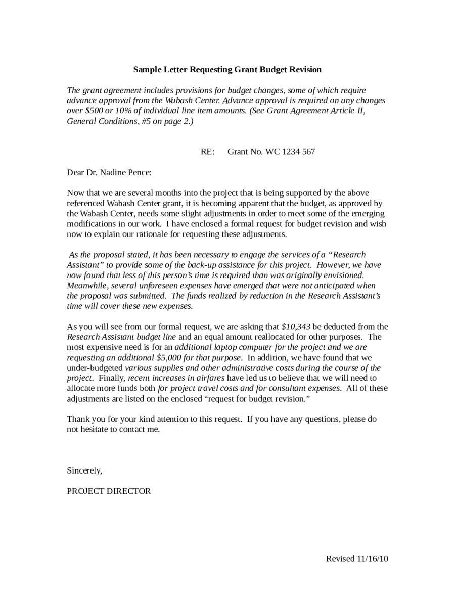 Sample Letter Requesting Grant Budget Revision