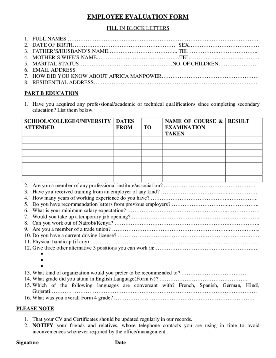 Evaluation Form New For Employees