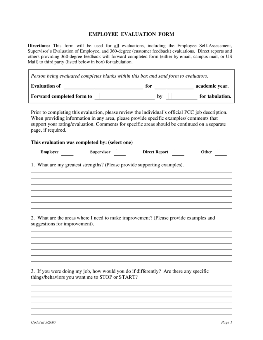 Printable Evaluation Form Employee Performance