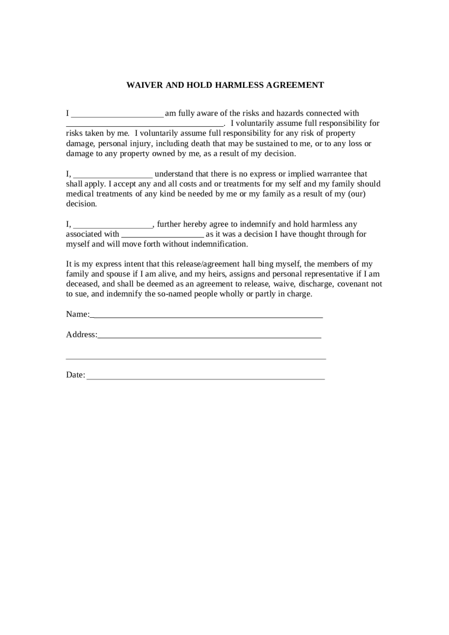 2020 Hold Harmless Agreement - Fillable, Printable PDF ...