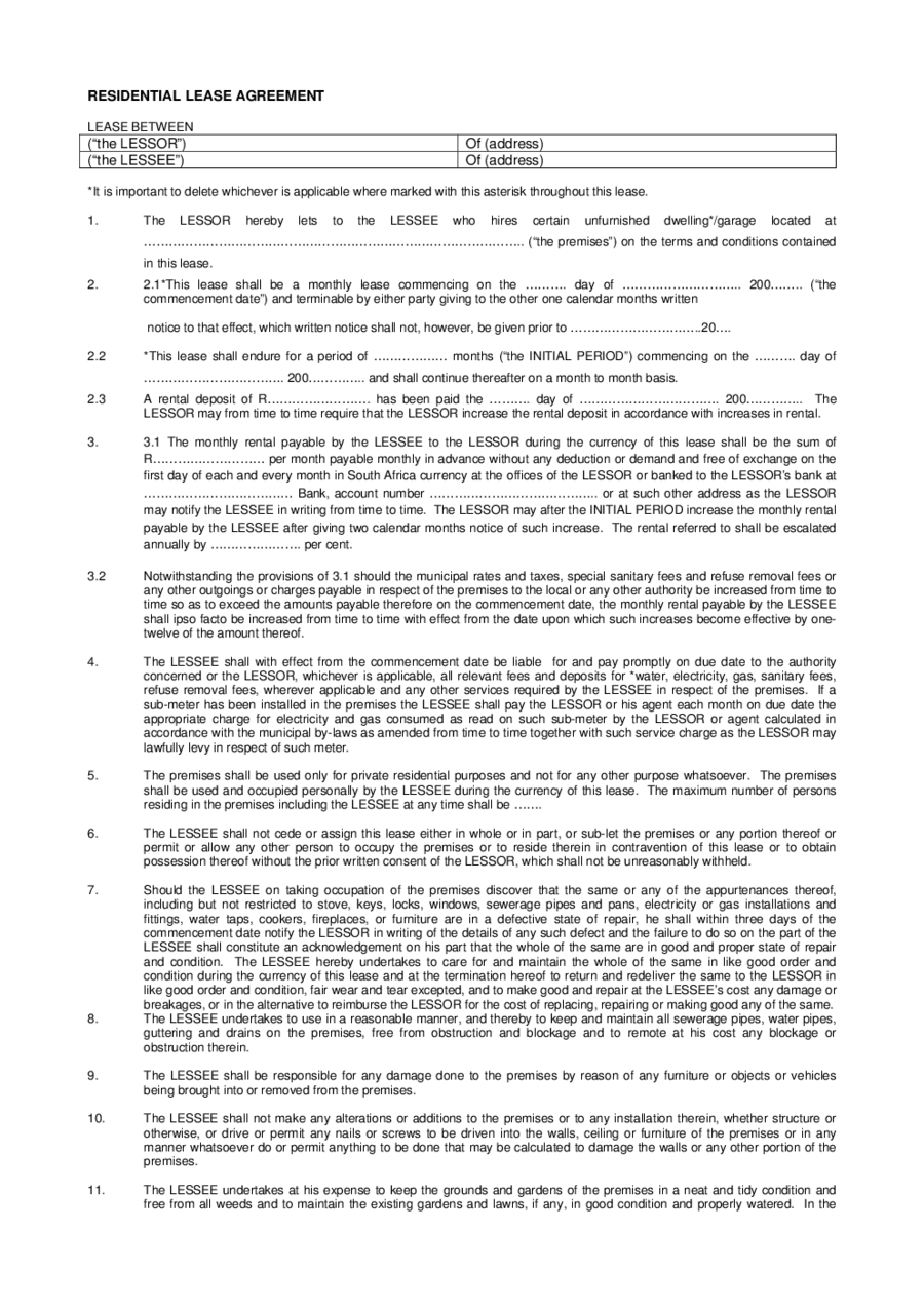 Free Lease Agreement Form