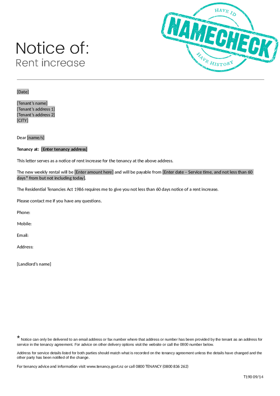 Notice of rent increase (online template)