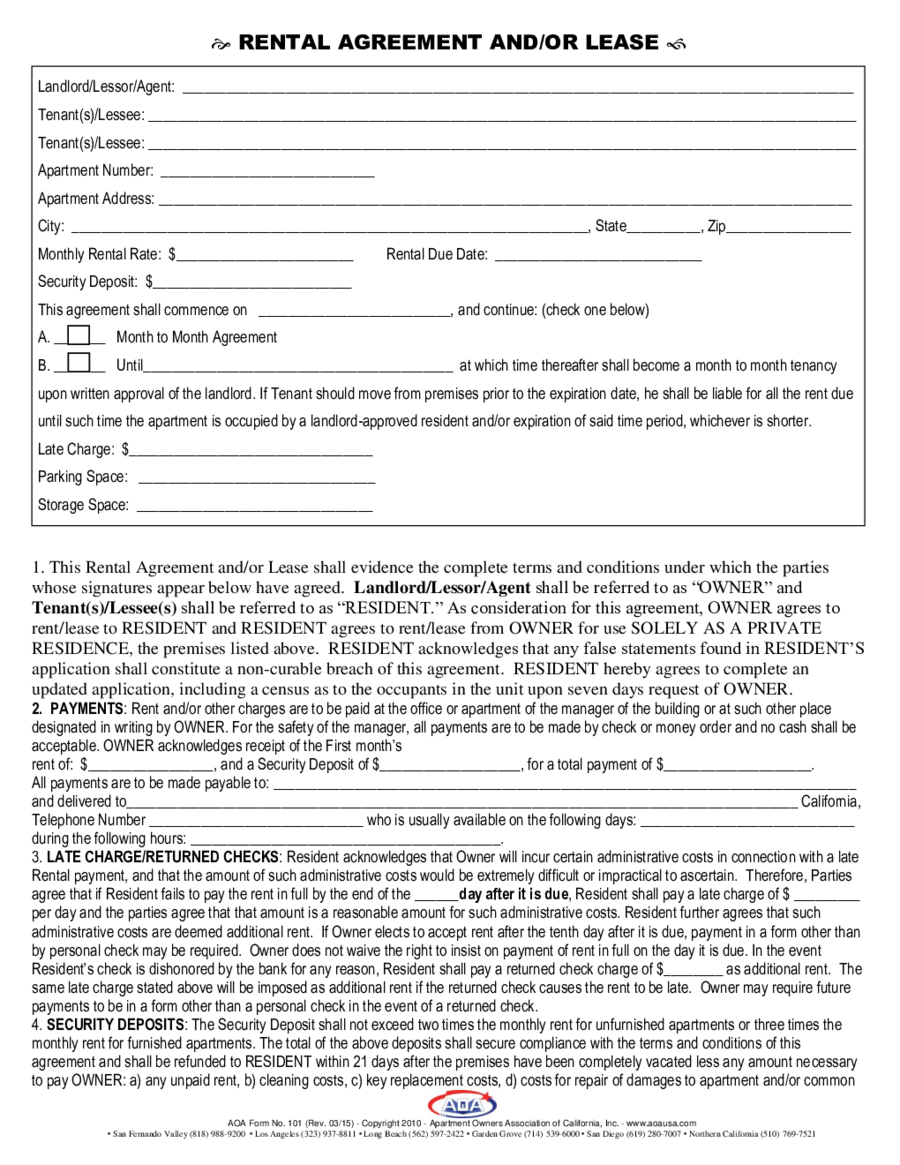 Rental Agreement And/Or Lease Form