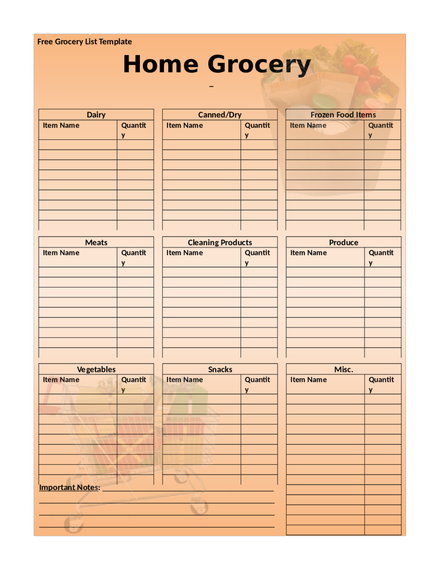 Free Grocery List-Home Grocery