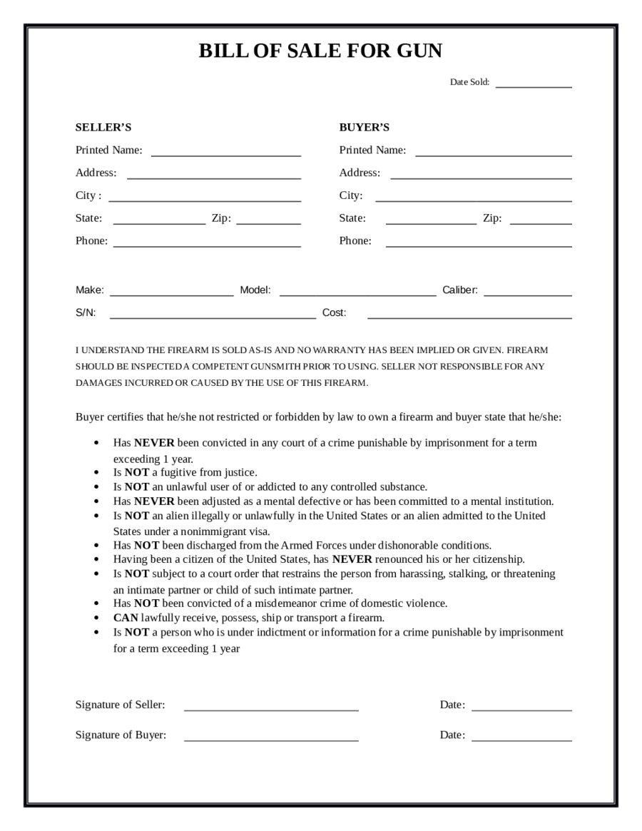 30 Firearm Bill of Sale Form - Fillable, Printable PDF & Forms