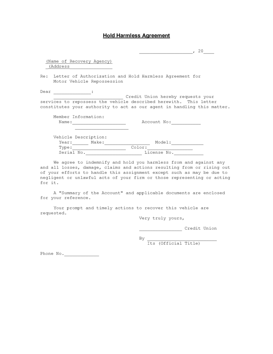 Printable Blank Hold Harmless Agreement Pdf Printable Form Templates