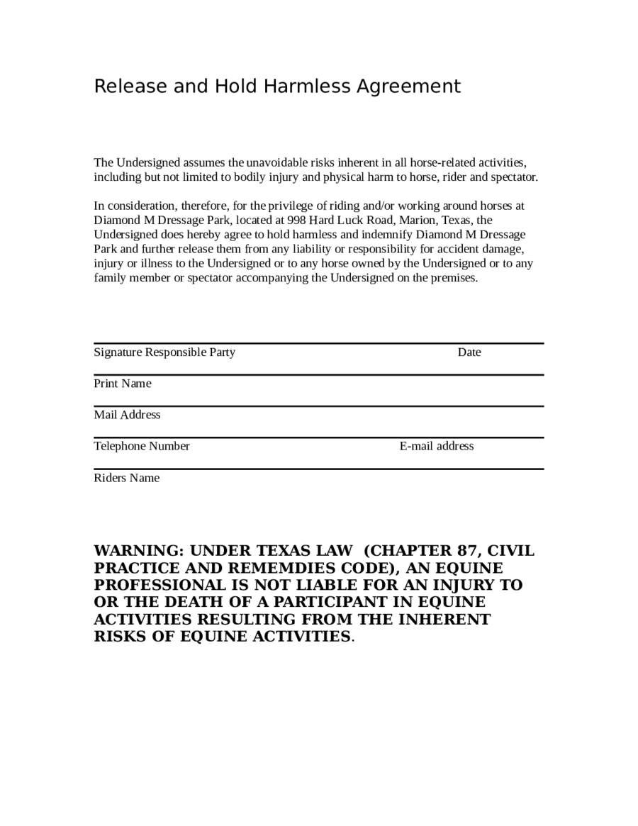 Release and Hold Harmless Agreement - Edit, Fill, Sign Online Pertaining To simple hold harmless agreement template