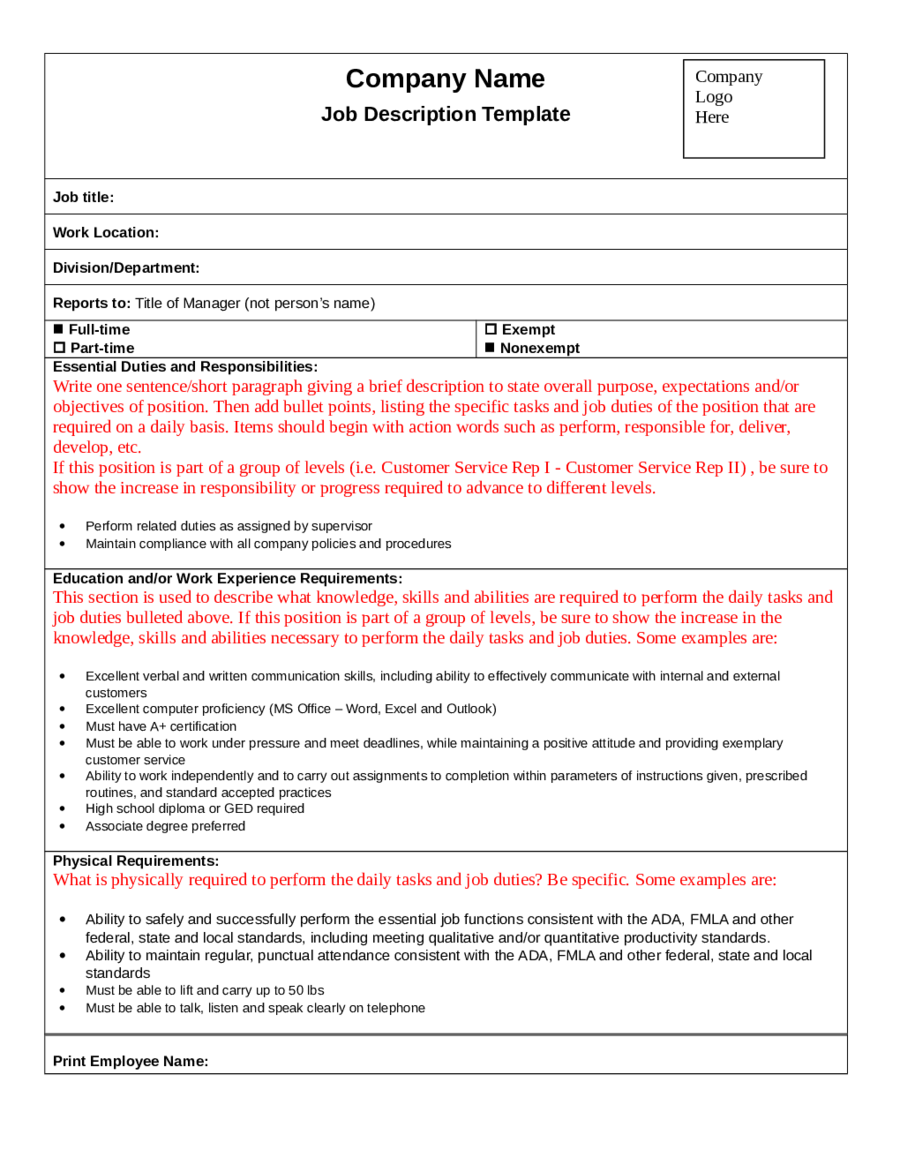 Job Description Template Download Printable Pdf Templateroller 