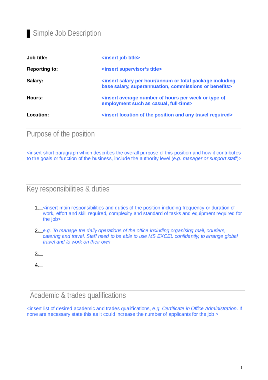 25 Job Description Template - Fillable, Printable PDF & Forms In Job Descriptions Template Word